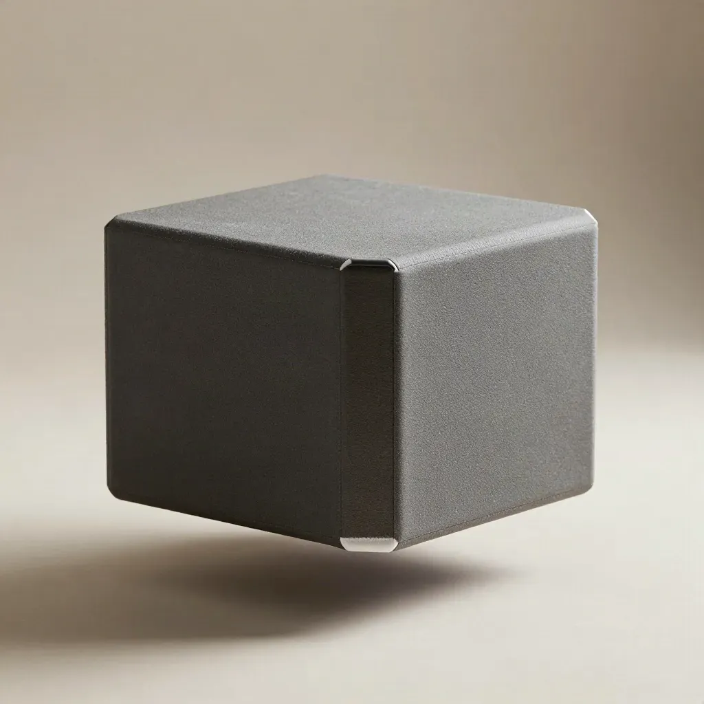 Charcoal hex plyo box floats on a pale studio field with soft haze and a light-raked corner.