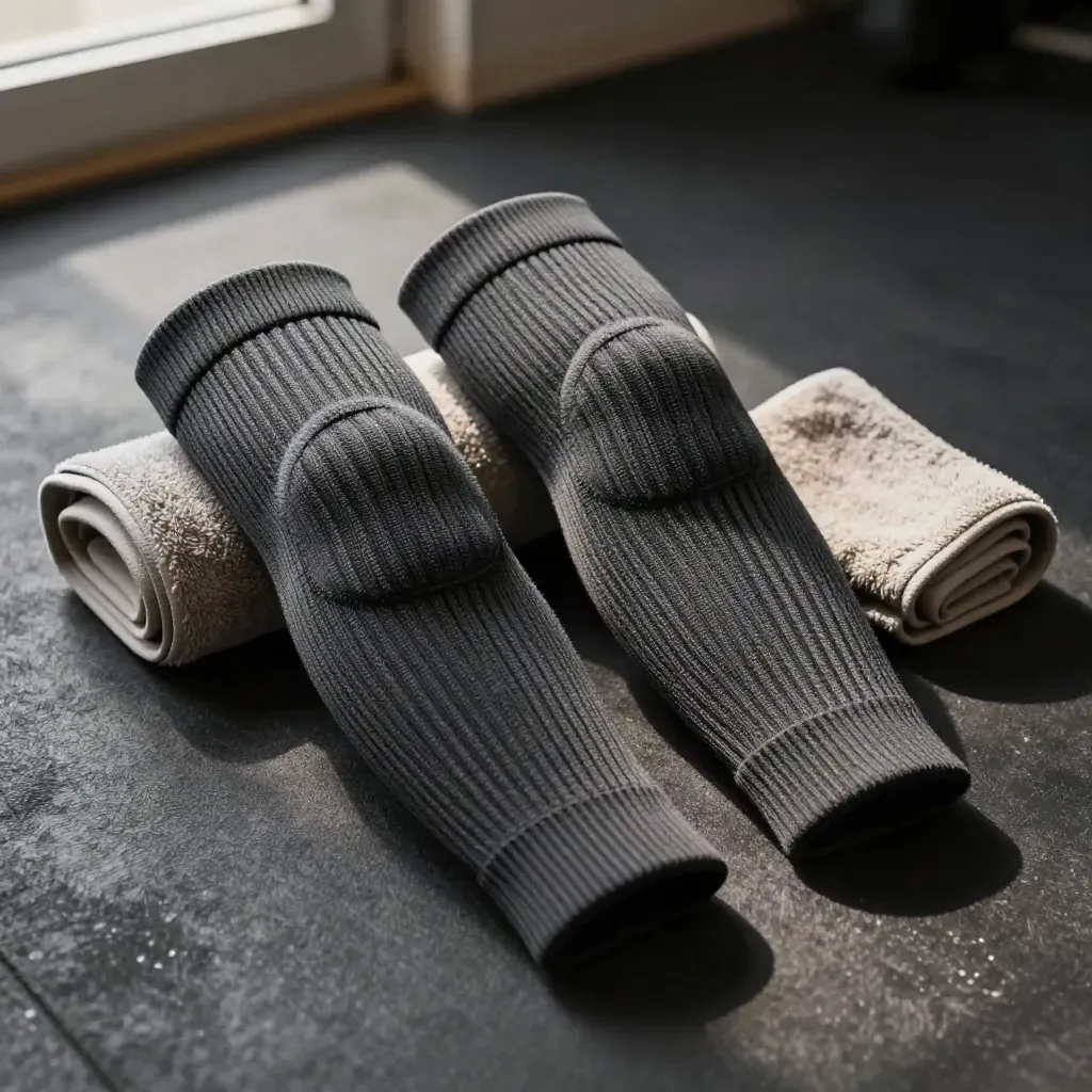 Macro of ribbed knee support sleeves beside a small recovery towel on a dark rubber mat.
