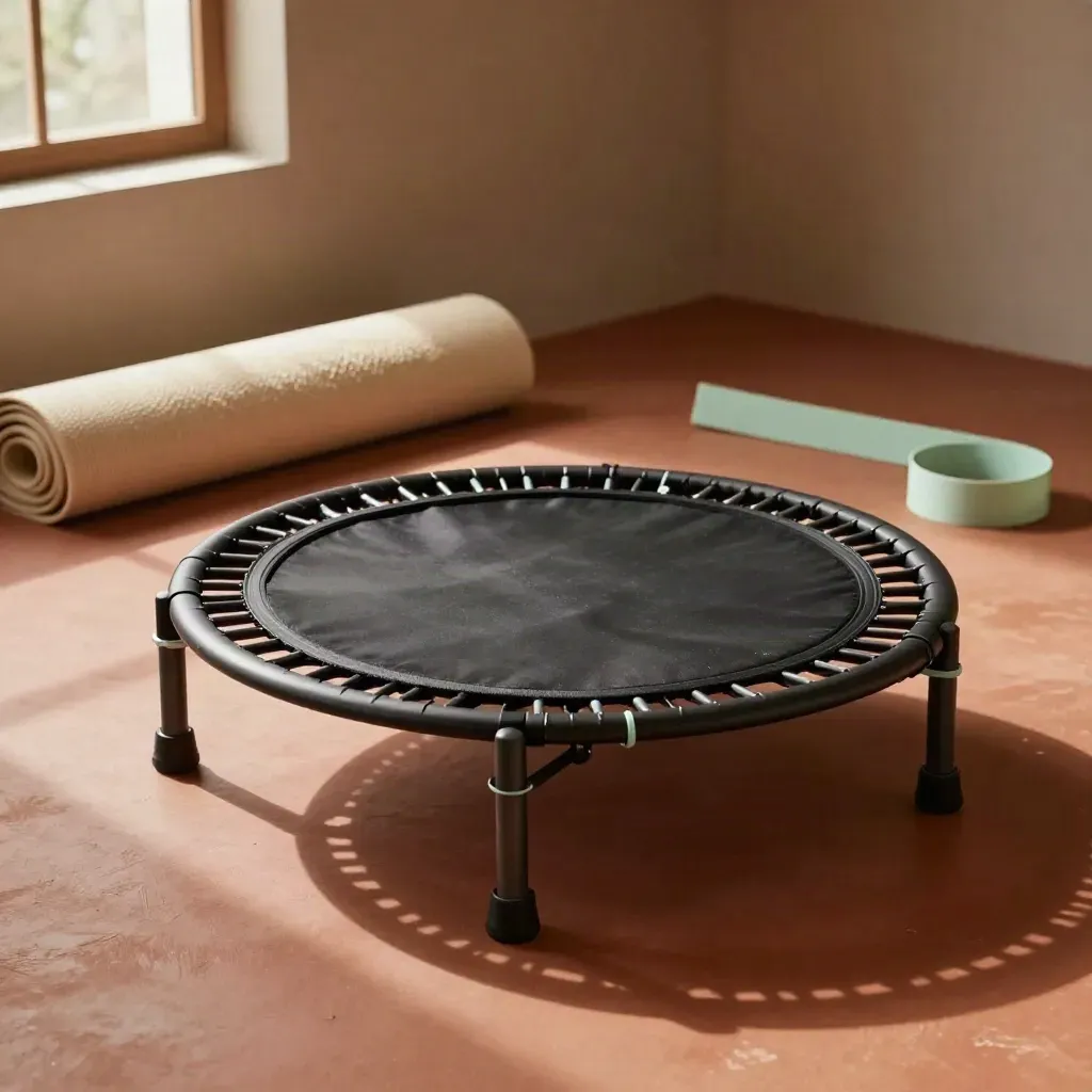 Mini rebounder on terracotta floor with folded mat in warm window light