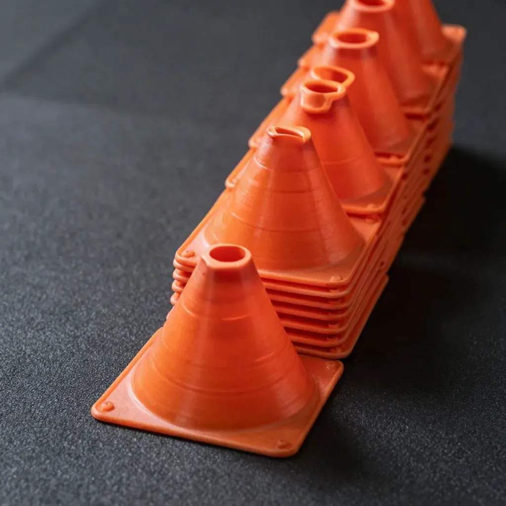 Bright orange agility cones nested in a spiral on a dark training mat.
