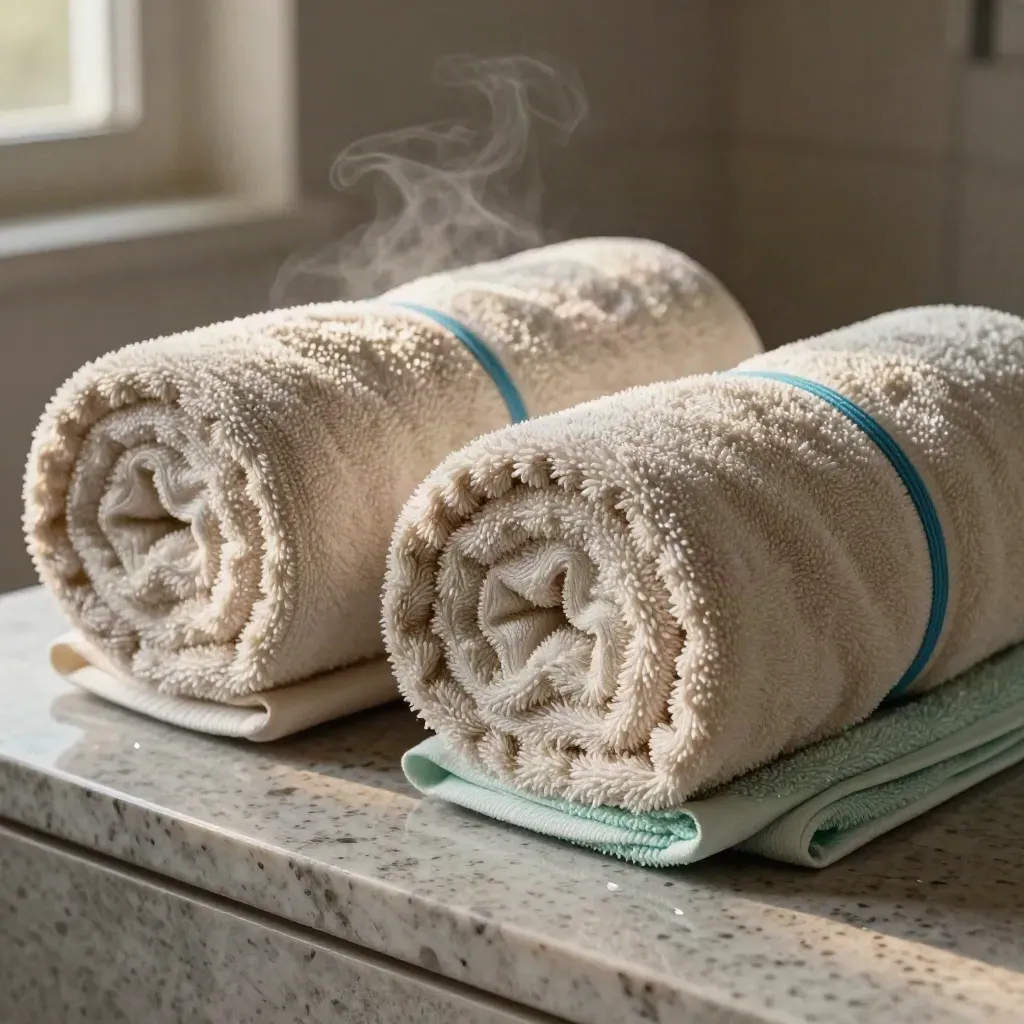 Two rolled cooling towels with a damp sheen on travertine, lit in a crisp studio hero setup.