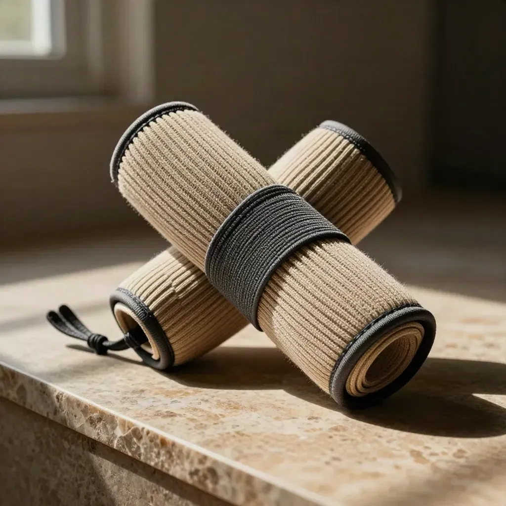 Macro of crossed knee wraps with ribbed knit texture on limestone, softly lit
